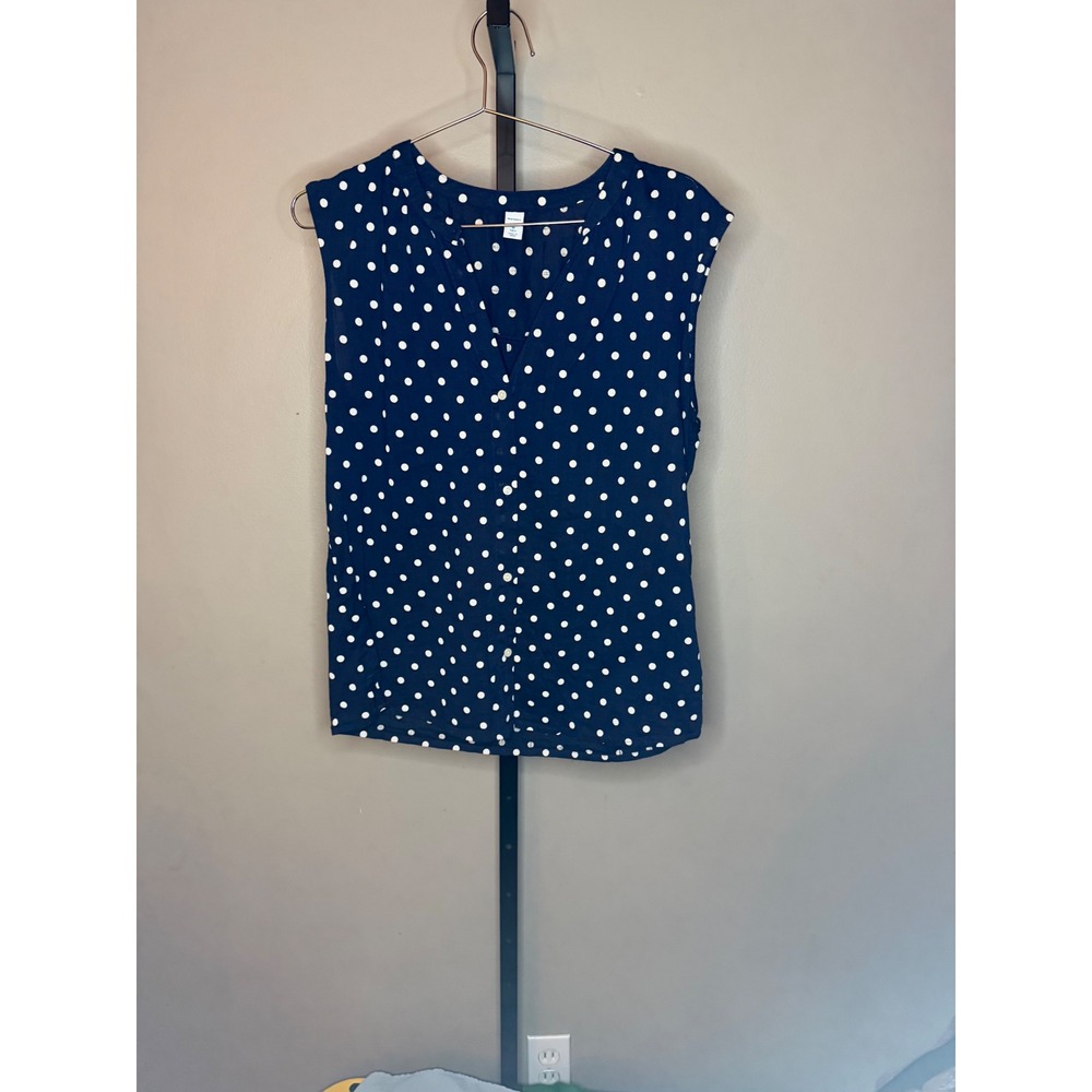 Old Navy Navy Blue White Polka Dot Sleeveless Button Down Blouse Top Medium Tall - Picture 2 of 5